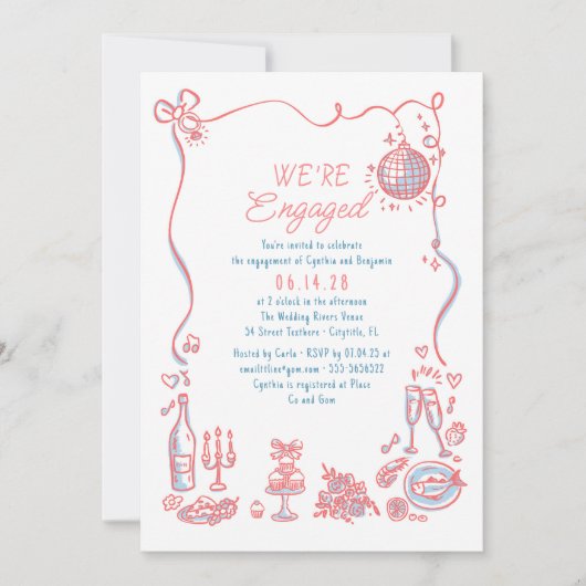 Hand getrokken Doodle Funky Whimsical Engagement P Kaart (Voorkant)