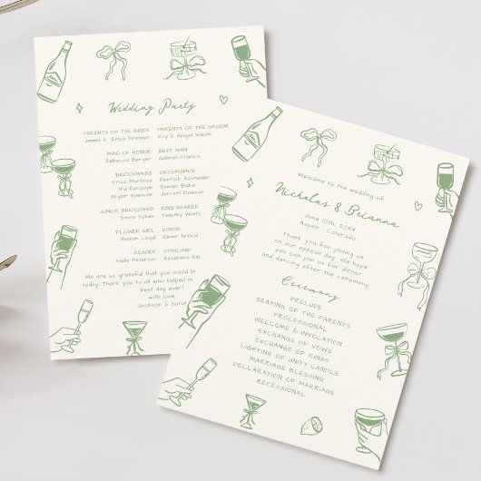 Hand getrokken Doodle Green Wedding Programmakaart