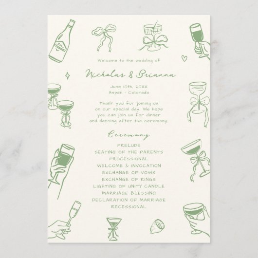 Hand getrokken Doodle Green Wedding Programmakaart (Voorkant)