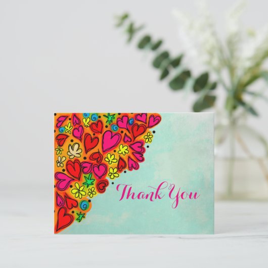 Hand getrokken Doodle Hart en Bloemen Dank u Briefkaart (Staand voorkant)