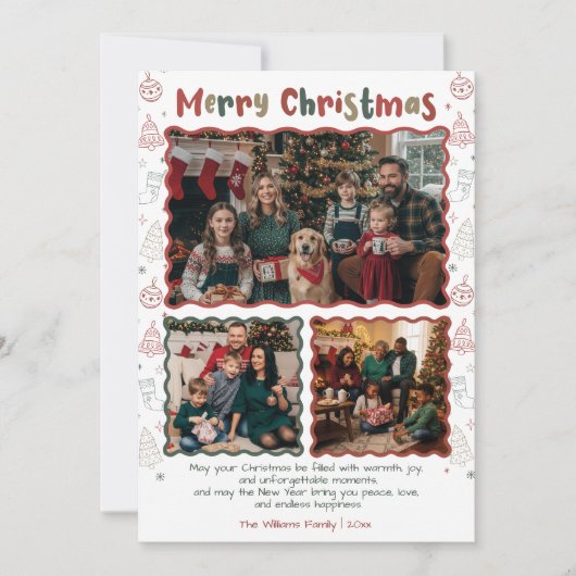 Hand getrokken Doodle Kerstmis 3 Fotocollage Feestdagenkaart (Voorkant)