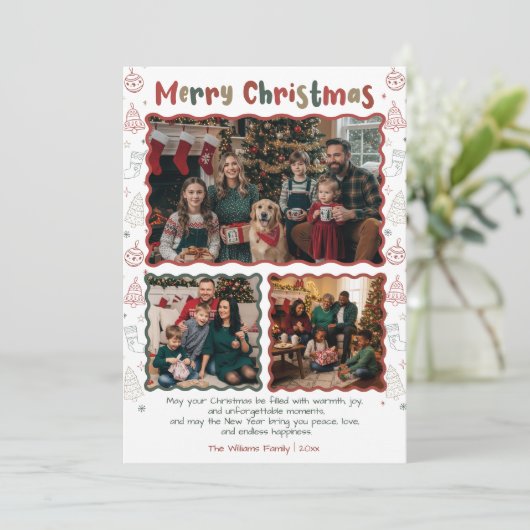 Hand getrokken Doodle Kerstmis 3 Fotocollage Feestdagenkaart (Staand voorkant)