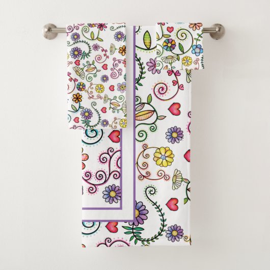 Hand getrokken Doodle Kleurrijk Bloemen naadloos p Bad Handdoek (Insitu)