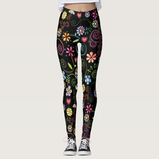 Hand getrokken Doodle Kleurrijk Bloemen naadloos p Leggings (Voorkant)