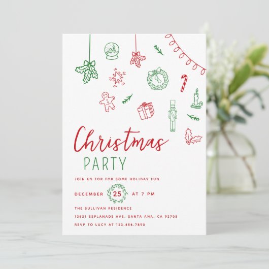 Hand getrokken Doodle rood en groen kerstfeest Kaart (Staand voorkant)