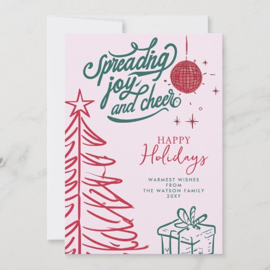 Hand getrokken Doodle Rood Groen Roze Kerstmis Feestdagenkaart (Voorkant)