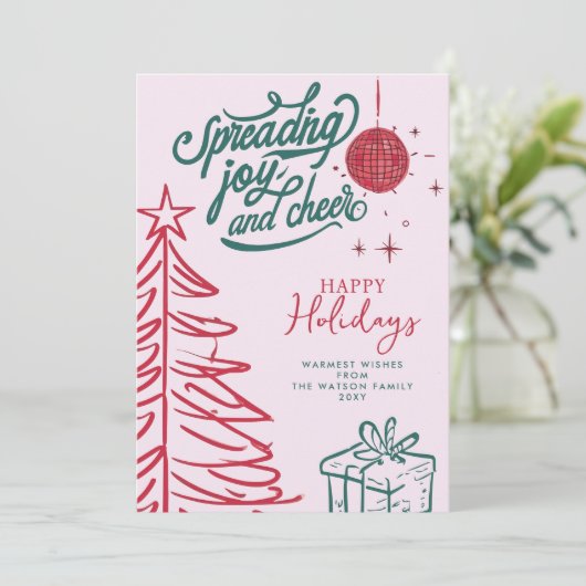 Hand getrokken Doodle Rood Groen Roze Kerstmis Feestdagenkaart (Staand voorkant)