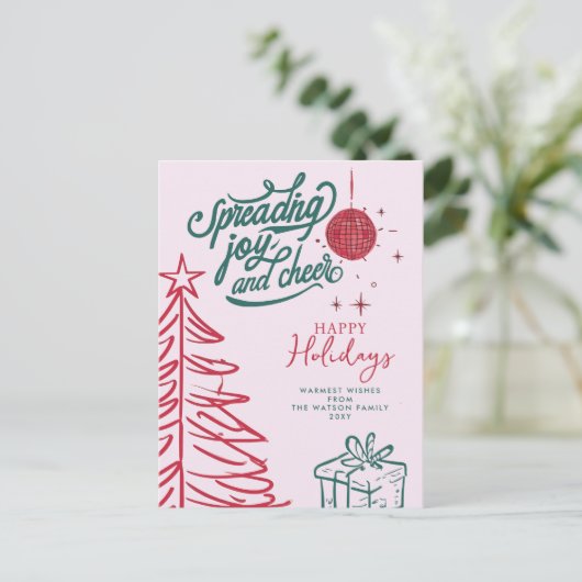 Hand getrokken Doodle Rood Groen Roze Kerstmis Feestdagenkaart (Staand voorkant)