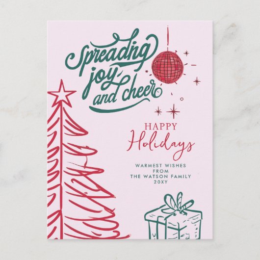 Hand getrokken Doodle Rood Groen Roze Kerstmis Feestdagenkaart (Voorkant)