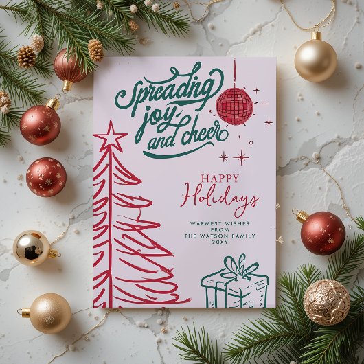 Hand getrokken Doodle Rood Groen Roze Kerstmis Feestdagenkaart