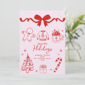 Hand getrokken Doodle Rood Roze Kerstmis Feestdagenkaart (Staand voorkant)