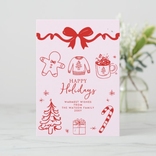 Hand getrokken Doodle Rood Roze Kerstmis Feestdagenkaart (Staand voorkant)