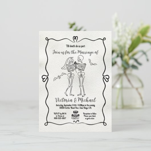 Hand getrokken doodle Skeleton bruid & bruidegom b Kaart (Staand voorkant)