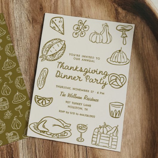 Hand getrokken Doodle Thanksgiving Dinner Uitnodig Feestdagenkaart
