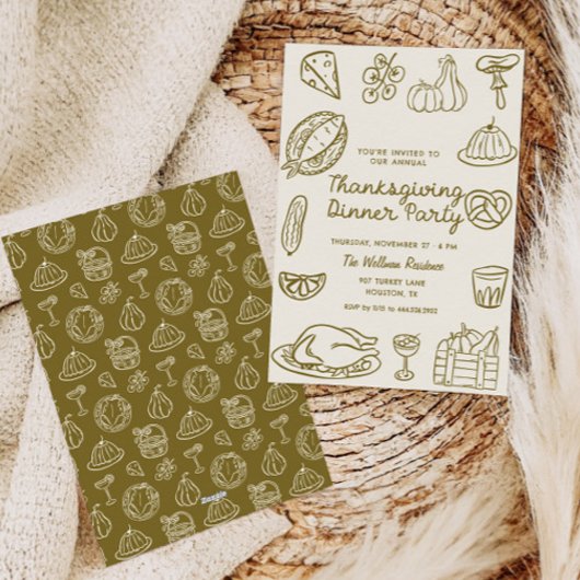 Hand getrokken Doodle Thanksgiving Dinner Uitnodig Feestdagenkaart