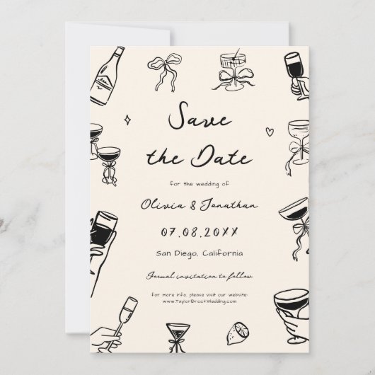 Hand Getrokken Doodle Wedding Save the Date Foto Kaart (Voorkant)