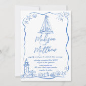 Hand getrokken Doodles Boat Beach Nautische bruilo Kaart (Voorkant)