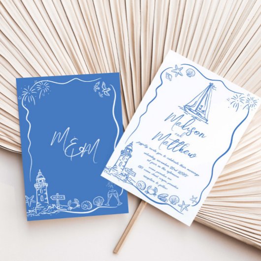 Hand getrokken Doodles Boat Beach Nautische bruilo Kaart