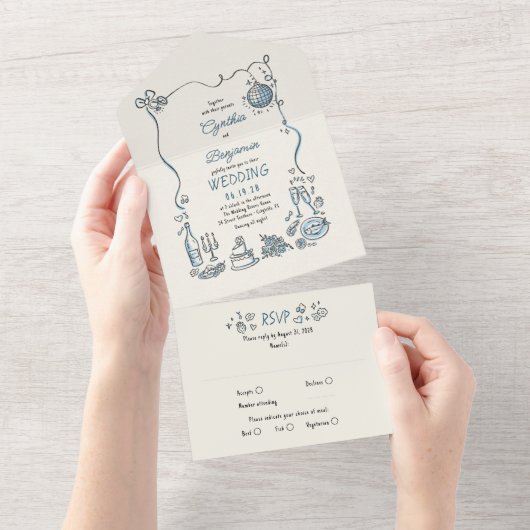 Hand getrokken Doodles Funky eigenzinnige moderne All In One Uitnodiging (Afscheurbaar)