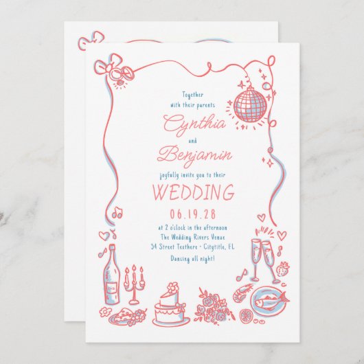 Hand getrokken Doodles grillige retro bruiloft fot Kaart (Voorkant / Achterkant)