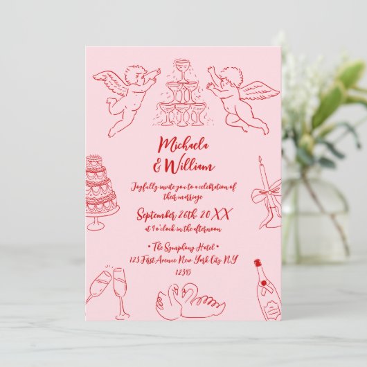 Hand getrokken Doodles & Handgeschreven Script Wed Kaart (Staand voorkant)