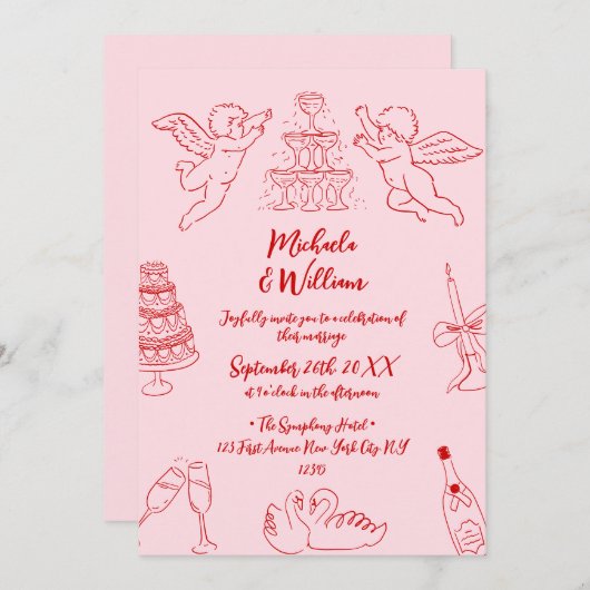 Hand getrokken Doodles & Handgeschreven Script Wed Kaart (Voorkant / Achterkant)