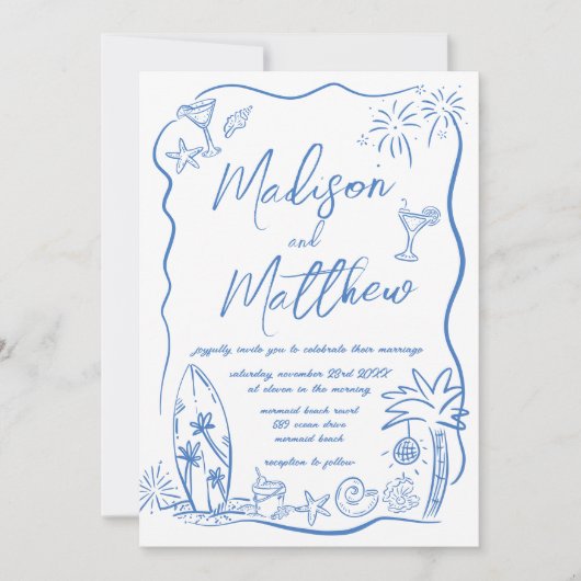 Hand getrokken Doodles Illustraties Strandbruiloft Kaart (Voorkant)