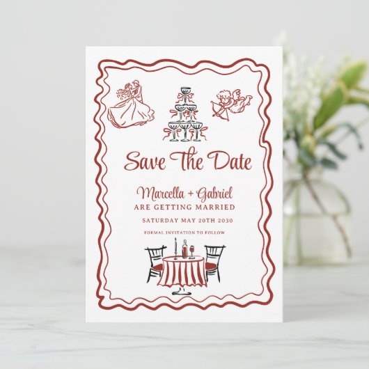Hand getrokken Doodles Italiaanse bruiloft Save th Save The Date (Staand voorkant)