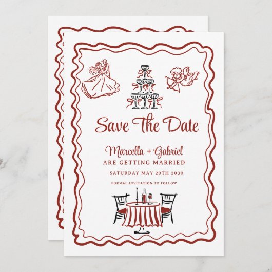 Hand getrokken Doodles Italiaanse bruiloft Save th Save The Date (Voorkant / Achterkant)