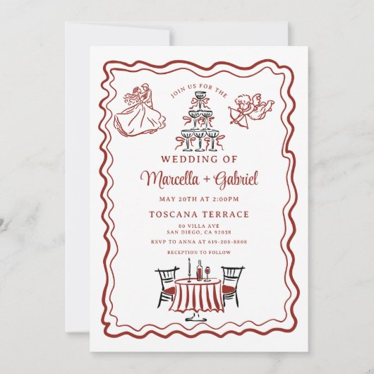 Hand getrokken Doodles Italiaanse bruiloft uitnodi Kaart (Voorkant)