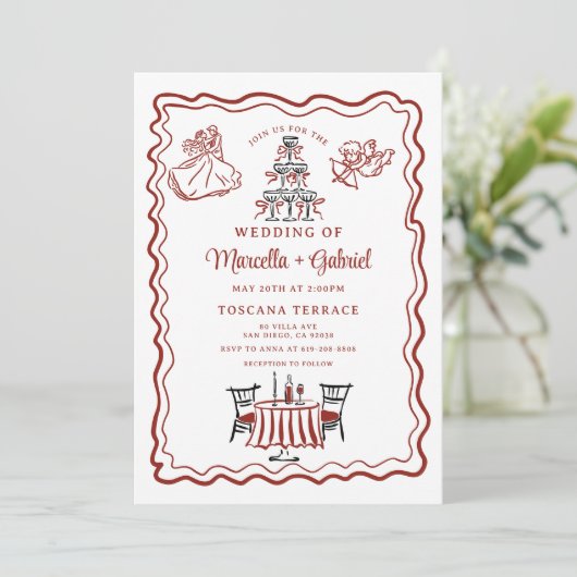 Hand getrokken Doodles Italiaanse bruiloft uitnodi Kaart (Staand voorkant)