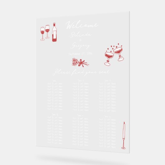 Hand getrokken Doodles Maroon bruiloft Zitting Gra Acryl Bord (Hoek)