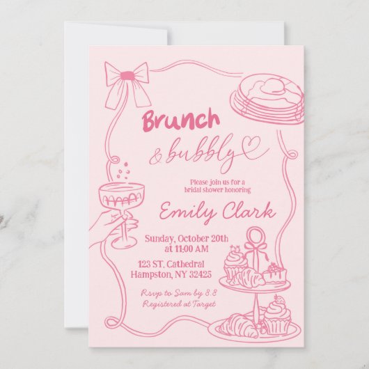 Hand getrokken Doodles Roze brunch en bubbels Kaart (Voorkant)