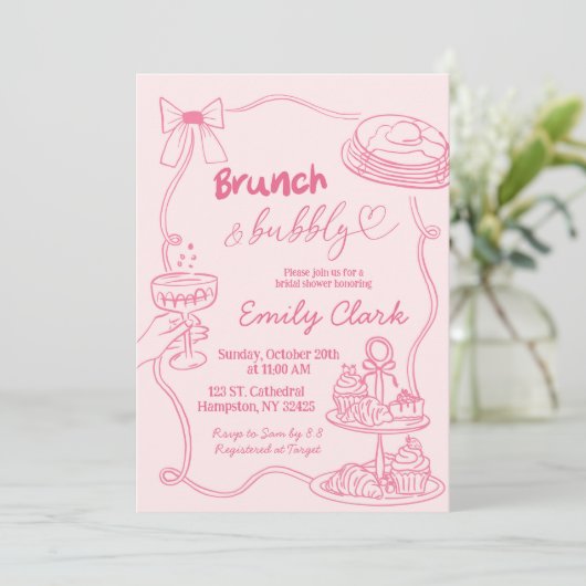 Hand getrokken Doodles Roze brunch en bubbels Kaart (Staand voorkant)