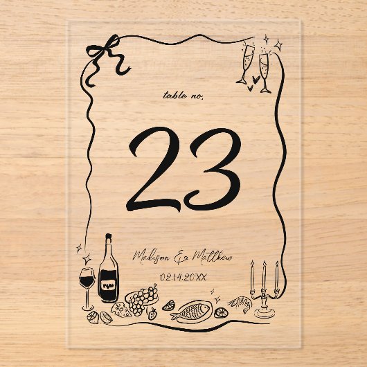 Hand getrokken Doodles Scribbles Trouwtafel Nummer Acryl Uitnodigingen (Voorkant)