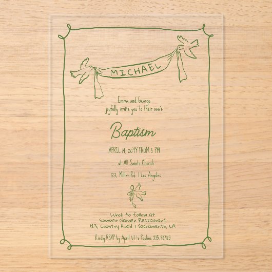 Hand getrokken doop acryl uitnodiging met duiven (Voorkant)