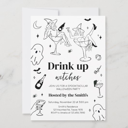 Hand getrokken Drink omhoog heksen Halloween Party Kaart (Voorkant)