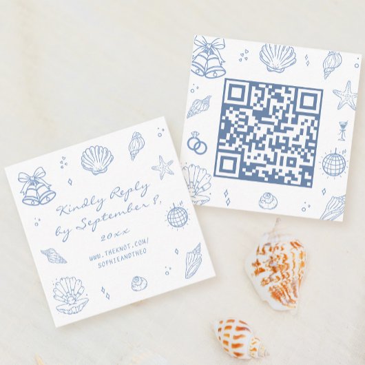 Hand getrokken Dusty Blue Coastal Wedding RSVP QR Informatiekaartje
