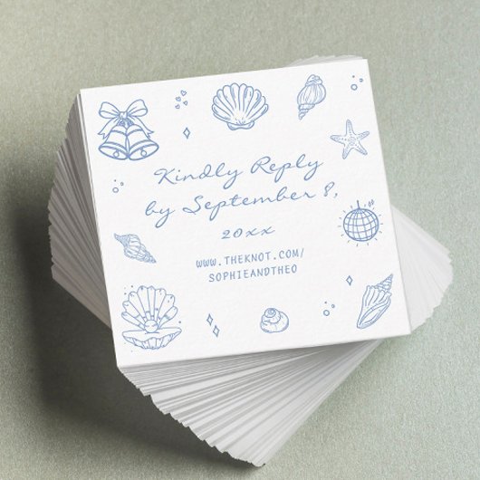 Hand getrokken Dusty Blue Coastal Wedding RSVP QR  Informatiekaartje