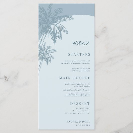 Hand getrokken Dusty Blue Palm Tree Boho Beach Wed Menu (Voorkant)