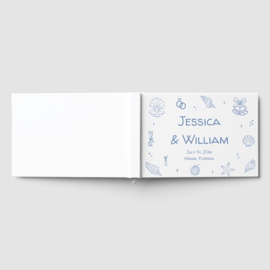 Hand getrokken Dusty Blue Seashells Kustbruiloft Gastenboek (Volledig)