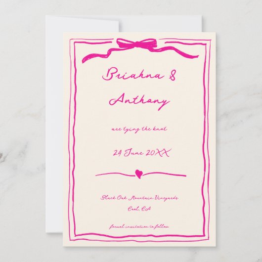 Hand getrokken eigenzinnig krabbel roze lint save the date (Voorkant)