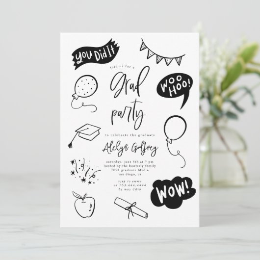 Hand getrokken eigenzinnige afstudeerfeest uitnodi kaart (Staand voorkant)