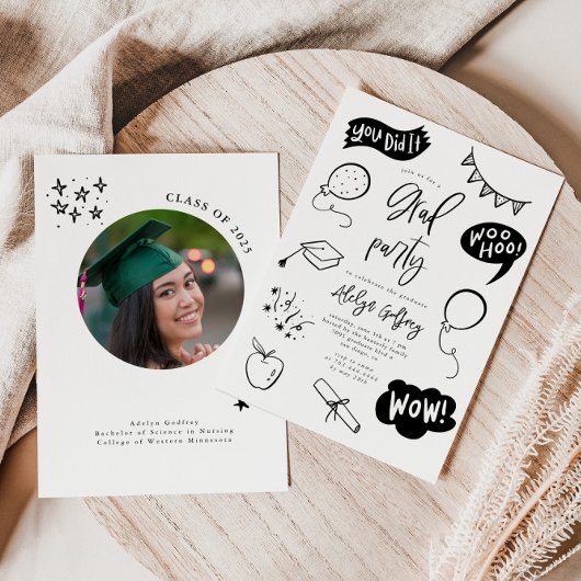 Hand getrokken eigenzinnige afstudeerfeest uitnodi kaart