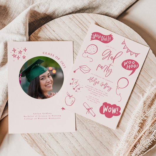 Hand getrokken eigenzinnige blos roze afstudeerfee kaart