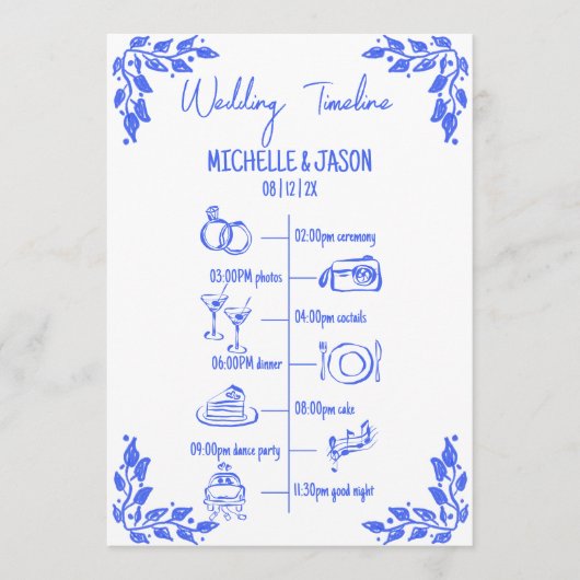 Hand getrokken eigenzinnige bruiloft reisschema programmakaart (Voorkant)