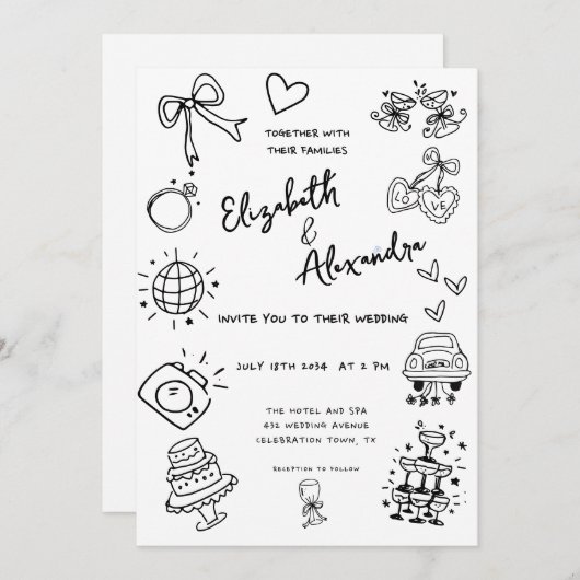 Hand getrokken eigenzinnige Franse bruiloft Kaart (Voorkant / Achterkant)