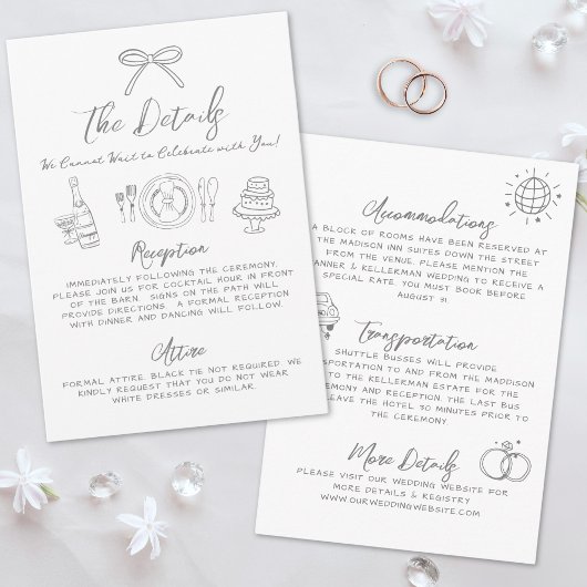 Hand getrokken eigenzinnige grillige bruiloft deta informatiekaartje