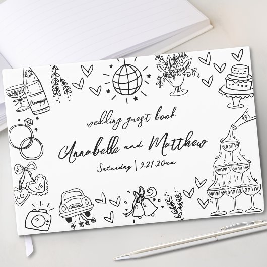 Hand getrokken eigenzinnige grillige bruiloft gastenboek