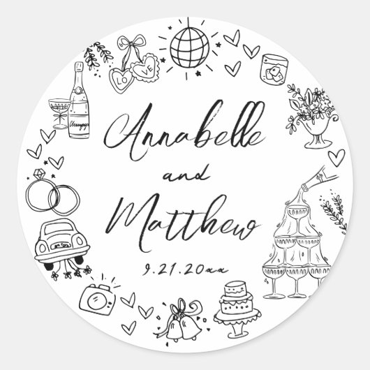 Hand getrokken eigenzinnige grillige bruiloft ronde sticker (Voorkant)